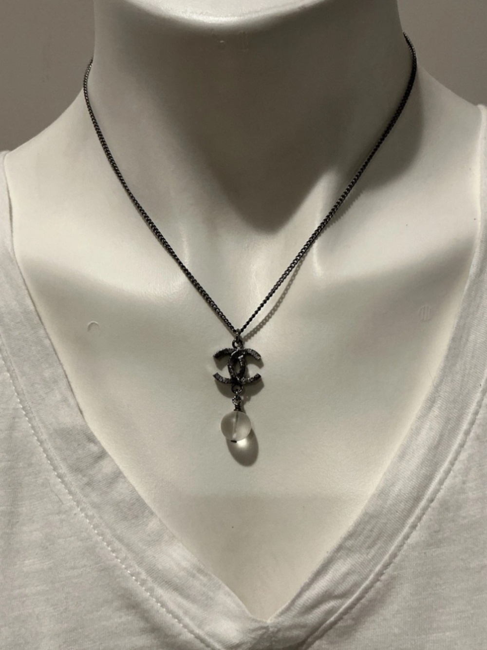 Authentic Chanel CC Logo Pendant Silvertone Chain Necklace with Round Bead Charm
